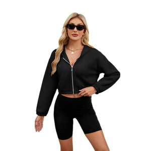�C�G�X�t�@�b�V���� ���f�B�[�X �g�b�v�X T�V���c �X�E�F�b�g �N���b�v�h �p�[�J�[ Yesfashion Women's Cropped Zip Up Hoodie Long Sleeve Loose Fit Casual Sweatshirt for Lounge Athletic Black �u���b�N
