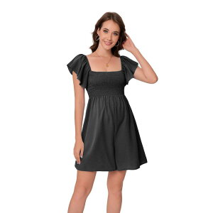 �Z�I���A ���f�B�[�X �g�b�v�X �����s�[�X �t���� �����p�[�X �}�^�j�e�B Seoria Women Maternity Casual Ruffle Sleeve Square Neck Romper Black �u���b�N