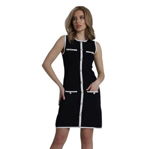 �Z�I���A ���f�B�[�X �g�b�v�X �����s�[�X �N���[�l�b�N �~�j �m�[�X���[�u �j�b�g Seoria Women'sleeveless Mini Dress Elegant Crew Neck Button Knit Bodycon Business Office Short Dresses Black �u���b�N