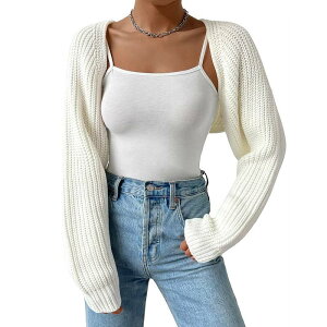 �W���C�W���C ���f�B�[�X �A�E�^�[ �j�b�g�E�Z�[�^�[ �J�[�f�B�K�� �N���b�v�h JoyJoy Women Cropped Knit Cardigan Open Front Long Sleeve Boleroversized Chunky Knit Sweater for Layering White �z���C�g