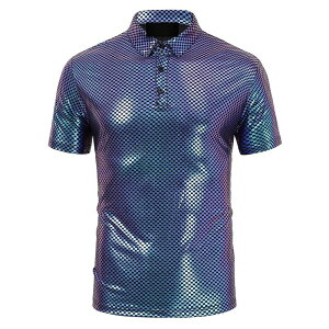 �N���A�t�����[ ���f�B�[�X �g�b�v�X T�V���c �|���V���c �g�[�� ClearFlower Men's Metallic Shiny Short Sleeve Polo Shirt - Slim-Fit Club Party Performance Casual Top Blue Plaid �u���[
