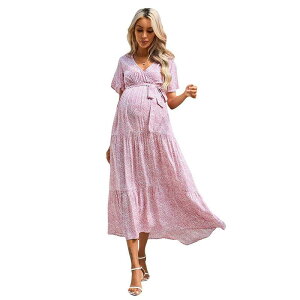 �Z�I���A ���f�B�[�X �g�b�v�X �����s�[�X V�l�b�N �}�^�j�e�B Seoria Women Maternity V Neck Flutter Sleeve Dress with Belt Floral Pink �s���N