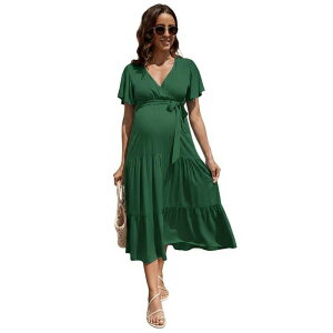 �Z�I���A ���f�B�[�X �g�b�v�X �����s�[�X V�l�b�N �}�^�j�e�B Seoria Women Maternity V Neck Flutter Sleeve Dress with Belt Green �O���[��