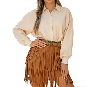 �G���[�g�X�s���b�g ���f�B�[�X �{�g���X�J�[�g �n�C�E�G�X�g �~�j �t�����W EliteSpirit Women's High Waist Mini Skirt Fringe Layered Flowy Casual Skirts Brown �u���E��