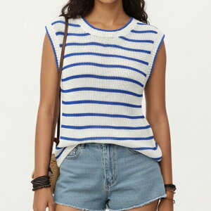 �A���i�J�V ���f�B�[�X �A�E�^�[ �j�b�g�E�Z�[�^�[ �m�[�X���[�u Anna-Kaci Sleeveless Textured Knitop with Stripe Pattern Blue �u���[