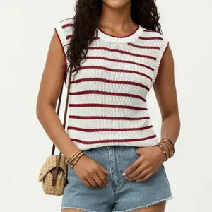 �A���i�J�V ���f�B�[�X �A�E�^�[ �j�b�g�E�Z�[�^�[ �m�[�X���[�u Anna-Kaci Sleeveless Textured Knitop with Stripe Pattern Red ���b�h