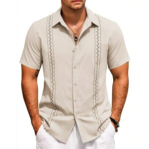 �N�[�t�@���f�B ���f�B�[�X �g�b�v�X T�V���c �_�E�� COOFANDY Summer Shirts for Men Cuban Button-Down Shirts Hawaiian Guayabera Short Sleeve Shirts Beige �x�[�W��