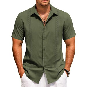 �N�[�t�@���f�B ���f�B�[�X �g�b�v�X T�V���c �_�E�� COOFANDY Summer Shirts for Men Cuban Button-Down Shirts Hawaiian Guayabera Short Sleeve Shirts Olive Green �O���[��