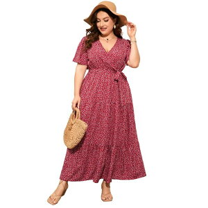 �y���������z �Z�I���A ���f�B�[�X �����s�[�X �g�b�v�X Women Plus Size V Neck Ruffle Maxi Dress Summer Short Sleeves High Waist Wrap Dress with Belt Red Small Flower