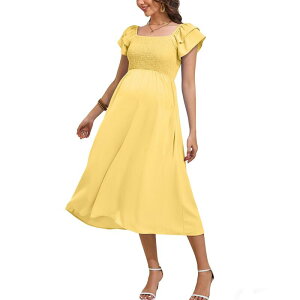 �G���[�g�X�s���b�g ���f�B�[�X �g�b�v�X �����s�[�X �V���[�����O �}�^�j�e�B �}�L�V EliteSpirit Women Maternity Summer Flutter Short Sleeve Smocked Maxi Dressquare Neck Casual Flowy Boho Dress Yellow �C�G���[