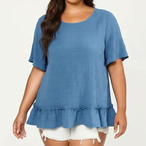 �A���i�J�V ���f�B�[�X �g�b�v�X T�V���c �t������ �v���X�T�C�Y �t���� �j�b�g Anna-Kaci Women's Plusize Short Sleeve Peplum Top with Textured Knit Fabric Round Neck Ruffle Hem Shirt Blue �u���[