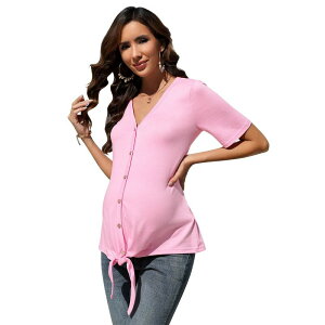 �R�W���C�� ���f�B�[�X �g�b�v�X �V���c V�l�b�N �{�^���_�E�� �u���E�X �}�^�j�e�B Kojooin Women's Maternity Shirts V Neck Short Sleeve Nursing Tops Button Down Breastfeeding Tunic Blouse Pink �s���N