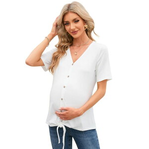 �R�W���C�� ���f�B�[�X �g�b�v�X �V���c V�l�b�N �{�^���_�E�� �u���E�X �}�^�j�e�B Kojooin Women's Maternity Shirts V Neck Short Sleeve Nursing Tops Button Down Breastfeeding Tunic Blouse White �z���C�g