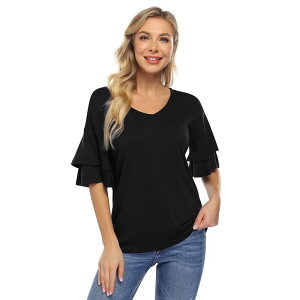 �G���[�g�X�s���b�g ���f�B�[�X �g�b�v�X T�V���c V�l�b�N �e�B�A�[�h �t���� �u���E�X EliteSpirit Women's Casual Blouses Ruffle Sleeve T Shirts V Neck Double Tiered Bell Sleeve Top Black �u���b�N