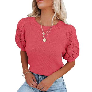 �N���A�t�����[ ���f�B�[�X �A�E�^�[ �j�b�g�E�Z�[�^�[ �N���[�l�b�N ClearFlower Womenshort Sleeve Sweaters Crewnecknit Pullover Topsummer Casualightweight Sweaters Watermelon Red ���b�h