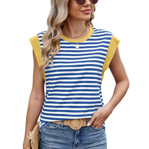 �W���C�W���C ���f�B�[�X �g�b�v�X T�V���c �N���[�l�b�N JoyJoy Women's Casual Striped Color Block Short Sleeve T-Shirt Classicrew Neck Loose Versatile Daily Top Blue White �z���C�g