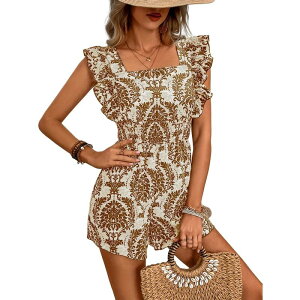 �y���������z �R�W���C�� ���f�B�[�X �����s�[�X �g�b�v�X Women's Boho Floral Print Square Neck Ruffle Sleeve Rompers Jumpsuit Coffee