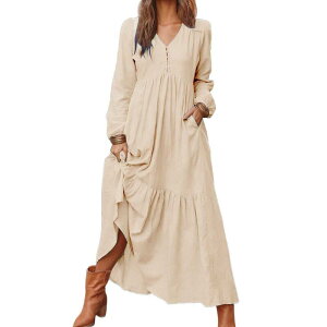 �t�@���W�����C ���f�B�[�X �g�b�v�X �����s�[�X V�l�b�N �}�L�V FUNJULY Women's Maxi Dresses V Neck Long Sleeve Casual Boho Flowy Beach Dress with Pockets Apricot �A�v���R�b�g