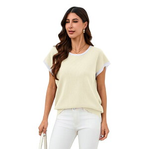 �R�W���C�� ���f�B�[�X �g�b�v�X T�V���c �N���[�l�b�N �R���g���X�g �j�b�g Kojooin Women's Contrastrim Knit Short Sleeve Crew Neck Top Casualoose Fit Shirt Apricot �A�v���R�b�g