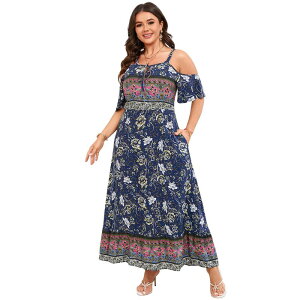 �R�W���C�� ���f�B�[�X �g�b�v�X �����s�[�X �t�����[�� �v���X�T�C�Y �t�����[ Kojooin Plusize Women Cold Shoulder Floral Dress Flowy Beach Sundress Navy Blue �l�C�r�[