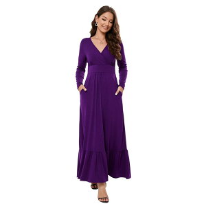 �~�X�L�[ ���f�B�[�X �g�b�v�X �����s�[�X V�l�b�N �t���� �m�[�X���[�u �}�L�V MISSKY Womensummer Sleeveless Deep V Neck Dress Ruffles Long Maxi Casual Dresses For Women With Pockets Purple �p�[�v��