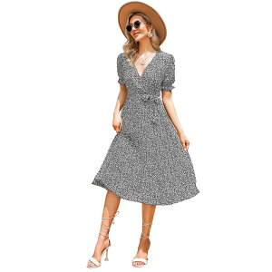 �R�W���C�� ���f�B�[�X �g�b�v�X �����s�[�X �t�����[�� �v���[�c �~�f�B �t�����[ Kojooin Women's Floral Short Sleeve Pleated Midi Dress with Belt Black �u���b�N