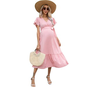 �R�W���C�� ���f�B�[�X �g�b�v�X �����s�[�X V�l�b�N �}�^�j�e�B Kojooin Women's Maternity Short Sleeve V Neck Dress Pink �s���N