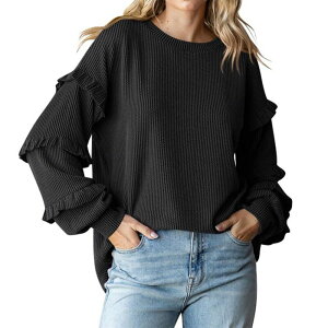 �C�G�X�t�@�b�V���� ���f�B�[�X �g�b�v�X �V���c V�l�b�N �t���� �u���E�X �j�b�g Yesfashion Womens V Neck Long Sleeve Blouse Loose Fitunics Ruffles Off Shoulder Waffle Knit Solid Color Tops Black �u���b�N