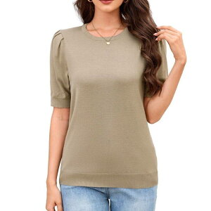 �C�G�X�t�@�b�V���� ���f�B�[�X �A�E�^�[ �j�b�g�E�Z�[�^�[ �N���[�l�b�N �u���E�X Yesfashion Women's Puff Short Sleeve Sweater Tops Knit Crew Neck Causal Work Blouses Apricot �A�v���R�b�g