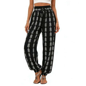 �G���[�g�X�s���b�g ���f�B�[�X �{�g���X �J�W���A���p���c �v�����g EliteSpirit Women's Boho Print Harem Pants High Waisted Elastic Drawstring Loose Fitrousers with Pockets Black �u���b�N