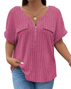 �N���A���u ���f�B�[�X �g�b�v�X T�V���c V�l�b�N �v���X�T�C�Y �u���E�X Clearlove Plusize Top for Women Short Sleeve Blouses Zip-up V Neck Top Womens Trendy Casual Work Shirt 1X-5X Rose Red ���b�h