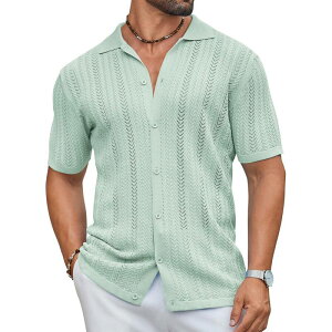�N�[�t�@���f�B ���f�B�[�X �A�E�^�[ �j�b�g�E�Z�[�^�[ ���B���e�[�W �|���V���c COOFANDY Knit Polo Men Casual Stylishort Sleeve Vintage Beach Shirt Clothes Textured Button Up Light Green �O���[��