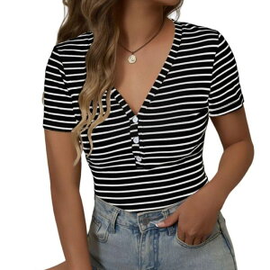 �{�f�B�T�C�Y ���f�B�[�X �g�b�v�X �V���c V�l�b�N ���u���E�X BODDYSIZE Women'summer Slim Casual Blouse Top V Neck Button Front Striped Ribbed T-Shirtops Black �u���b�N