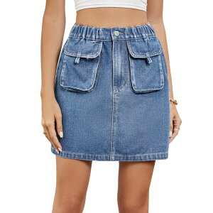�{�f�B�T�C�Y ���f�B�[�X �{�g���X�J�[�g �n�C�E�G�X�g �~�j �f�j�� BODDYSIZE Women Elastic High Waist Denim Skirt with Zipper Pocket Casual Trendy2K Mini Skirt with Pockets Blue �u���[