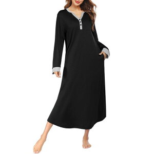 �G�R�A�[ ���f�B�[�X �A���_�[�E�F�A �i�C�g�E�F�A �V���c �}�L�V Ekouaer Long Sleeve Nightgown for Women Fullength Sleep Dress Maxi Night Shirt Casualounge Black �u���b�N