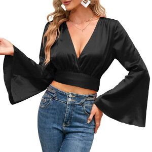 �G���[�g�`���C�X ���f�B�[�X �g�b�v�X �V���c V�l�b�N���b�v�h Elitechoice Women's Casual Wrap V Neck Bell Sleeve Cropped T Shirt Black �u���b�N