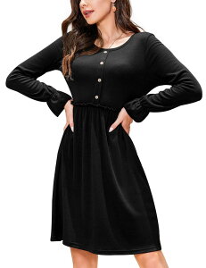 �t�@���W�����C ���f�B�[�X �g�b�v�X �����s�[�X FUNJULY Women's Round Neck Long Sleeve Button Front Pocketed Casual Dress Black �u���b�N