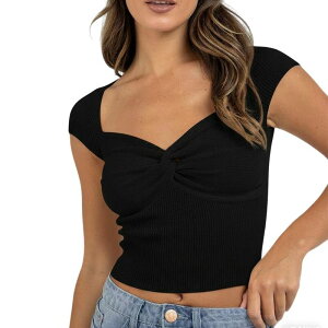 �y���������z �G���[�g�X�s���b�g ���f�B�[�X �V���c �g�b�v�X Women's Twist Front Cap Sleeve Crop Top Sweetheart Neck Rib Knit Fitted Top Cropped Summer Knitwear Black