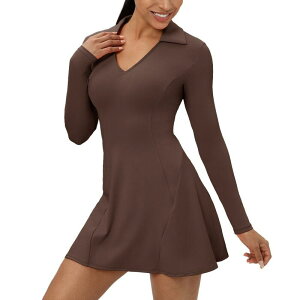 �R�W���C�� ���f�B�[�X �g�b�v�X �����s�[�X V�l�b�N A ���C�� �|���V���c Kojooin Womens Tennis Dress Polo Collar Long Sleeve A-line V Neck Athletic Dresses Brown �u���E��