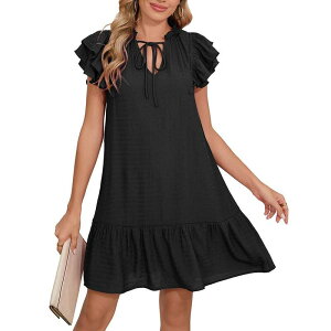 �R�W���C�� ���f�B�[�X �g�b�v�X �����s�[�X V�l�b�N �~�j Kojooin Women's Babydoll Mini Summer V Neck Flutter Sleeve Boho Flowy Shift Short Dress Casual Beach Black �u���b�N