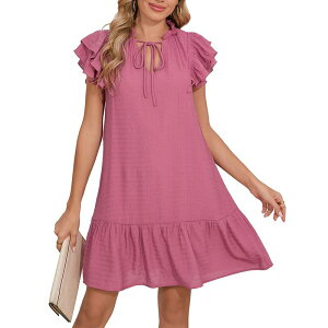 �R�W���C�� ���f�B�[�X �g�b�v�X �����s�[�X V�l�b�N �~�j Kojooin Women's Babydoll Mini Summer V Neck Flutter Sleeve Boho Flowy Shift Short Dress Casual Beach Dark Pink �s���N