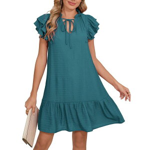 �R�W���C�� ���f�B�[�X �g�b�v�X �����s�[�X V�l�b�N �~�j Kojooin Women's Babydoll Mini Summer V Neck Flutter Sleeve Boho Flowy Shift Short Dress Casual Beach Teal �e�B�[��