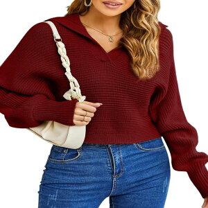 �N���A�t�����[ ���f�B�[�X �A�E�^�[ �j�b�g�E�Z�[�^�[ V�l�b�N �|���V���c ClearFlower Women Soild Polo V Neck Long Puff Batwing Sleeve Knitwear Pullover Sweatered ���b�h