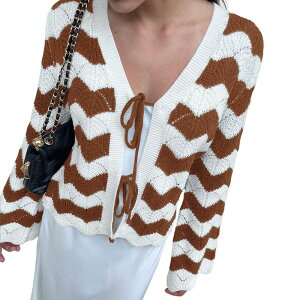 �N���A�t�����[ ���f�B�[�X �A�E�^�[ �j�b�g�E�Z�[�^�[ V�l�b�N �J�[�f�B�K�� ClearFlower Womens V Neck Long Sleeve Cardigan Knit Pattern Drawstring Front Casual Cardigan Tops Khaki Striped �J�[�L
