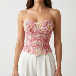 �A���i�J�V ���f�B�[�X �g�b�v�X T�V���c �X�g���b�v���X ���[�X Anna-Kaci Women'strapless Lace Corsetop Structured Boned Bustier Peplum Hem Shaping Bodice Statementopink �s���N