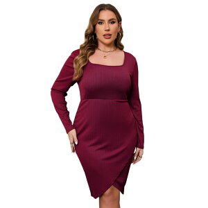 �Z�I���A ���f�B�[�X �g�b�v�X �����s�[�X �v���X�T�C�Y �~�f�B Seoria Womens Plusize Cocktail Dressquare Neck Long Sleeve Weddinguest Basic Semi Formal Midi Dress Wine Red ���b�h