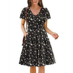 �W�[�O�[ ���f�B�[�X �g�b�v�X �����s�[�X V�l�b�N �e�B�A�[�h �t���� �~�j Zeagoo Women's V Neck Ruffle Sleeve Tiered Mini Boho Flowy Sundress with Pockets Black White Green �z���C�g