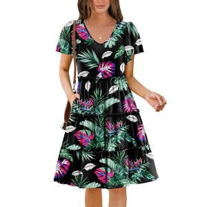 �W�[�O�[ ���f�B�[�X �g�b�v�X �����s�[�X V�l�b�N �e�B�A�[�h �t���� �~�j Zeagoo Women's V Neck Ruffle Sleeve Tiered Mini Boho Flowy Sundress with Pockets Green Black Teal �u���b�N