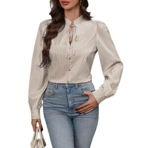�C�G�X�t�@�b�V���� ���f�B�[�X �g�b�v�X �V���c �u���E�X Yesfashion Women'stripedressy Casual Blouses Tie Neck Lantern Long Sleeve Office Shirts Fall Outfits Khakistripes �X�g���C�v