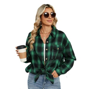 �C�G�X�t�@�b�V���� ���f�B�[�X �g�b�v�X �V���c �{�^���_�E�� Yesfashion Women's Button Down Flannel Shirts Oversize Plaid Shacket Long Sleeve Collared Business Casual Tops Green Plaid �O���[��